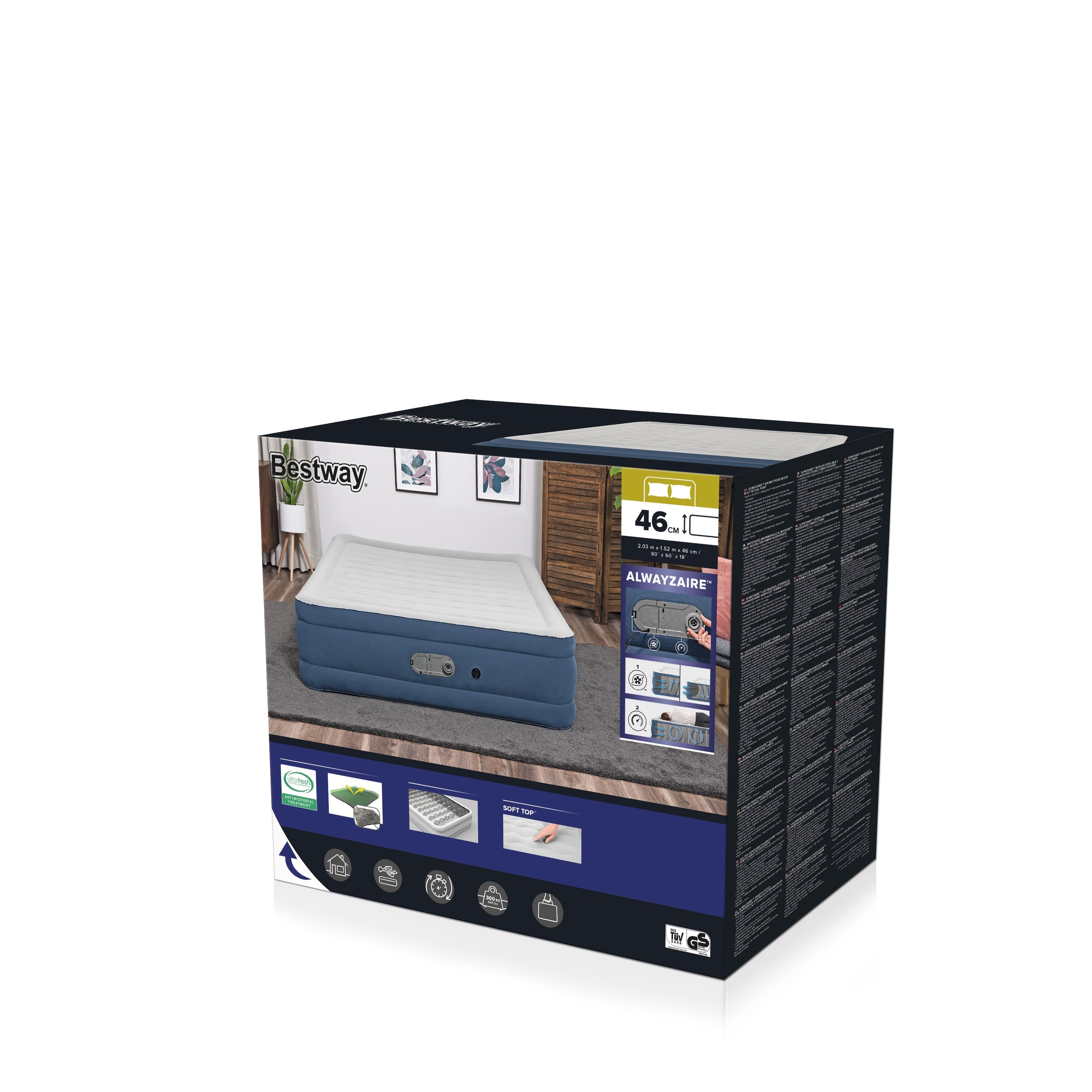  'BESTWAY AlwayzAire Airbed Queen Built-in Dual Pump 203cm x 152cm x 46cm  26-67624 