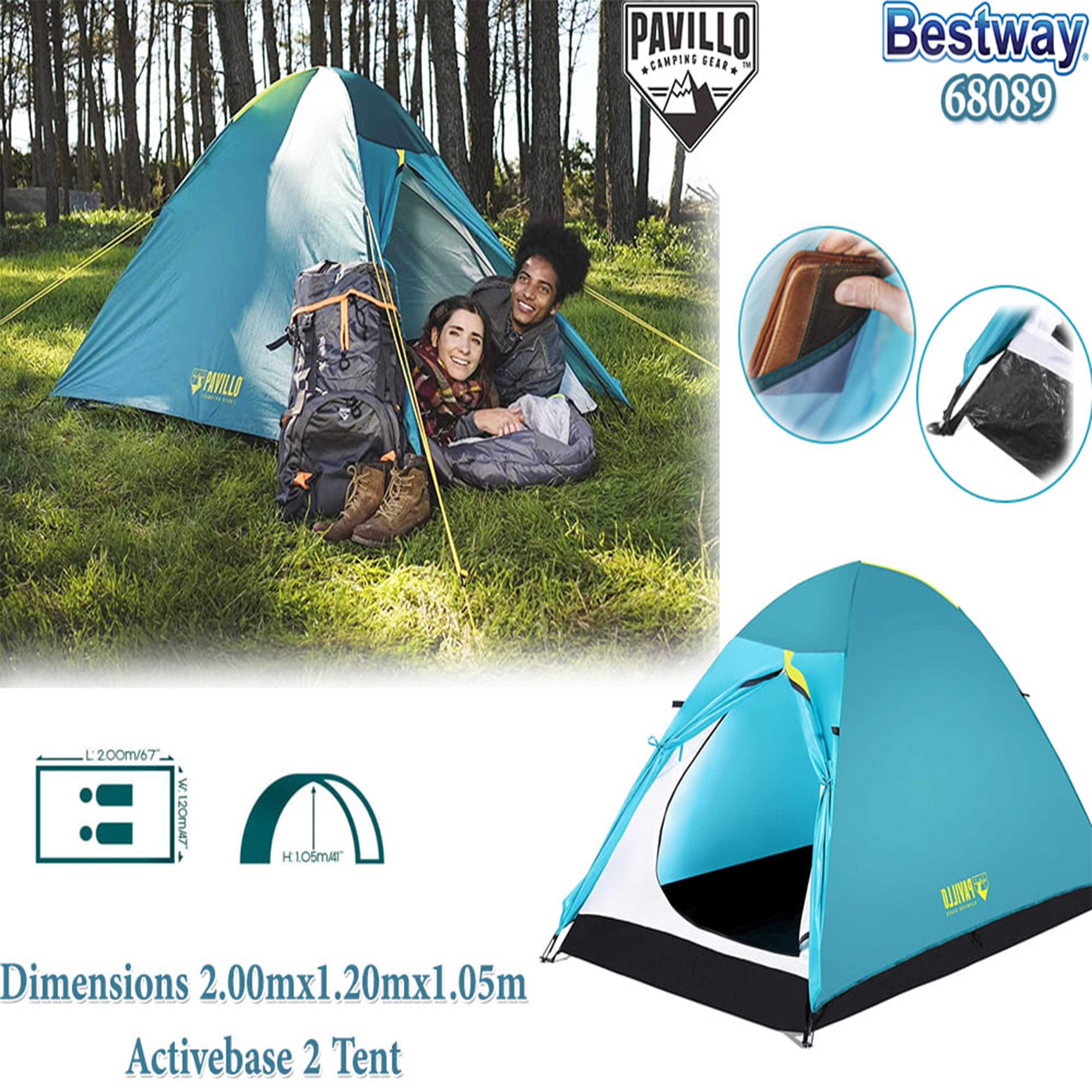  'Bestway Pavillo-Active Base 2Person Tent 2.00Mx1.20Mx1.05M (2 Layer 190T Polyester Breathable) 26-68089 