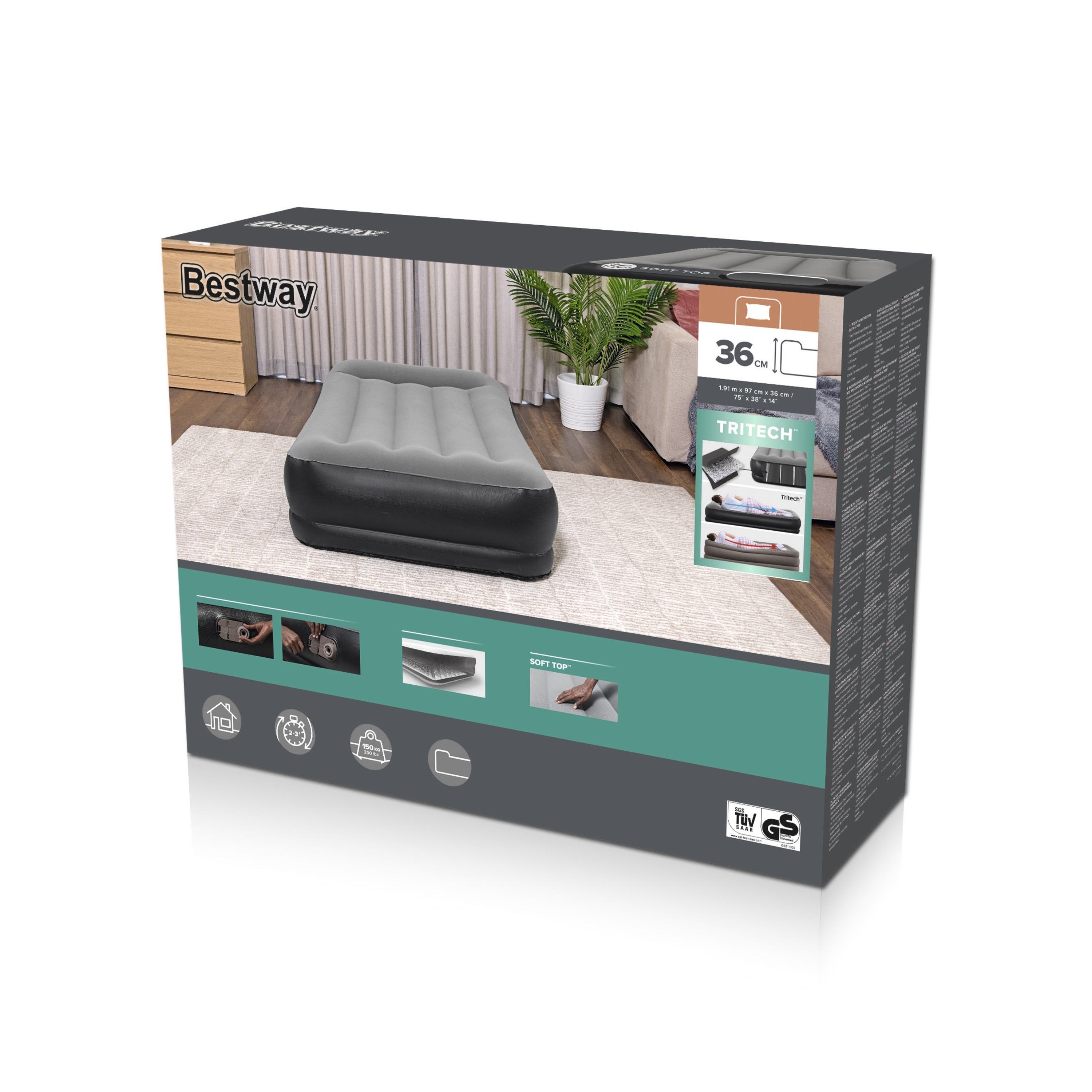  'BESTWAY Tritech Airbed Twin Built-in AC Pump 191cm x 97cm x 36cm  26-67723 