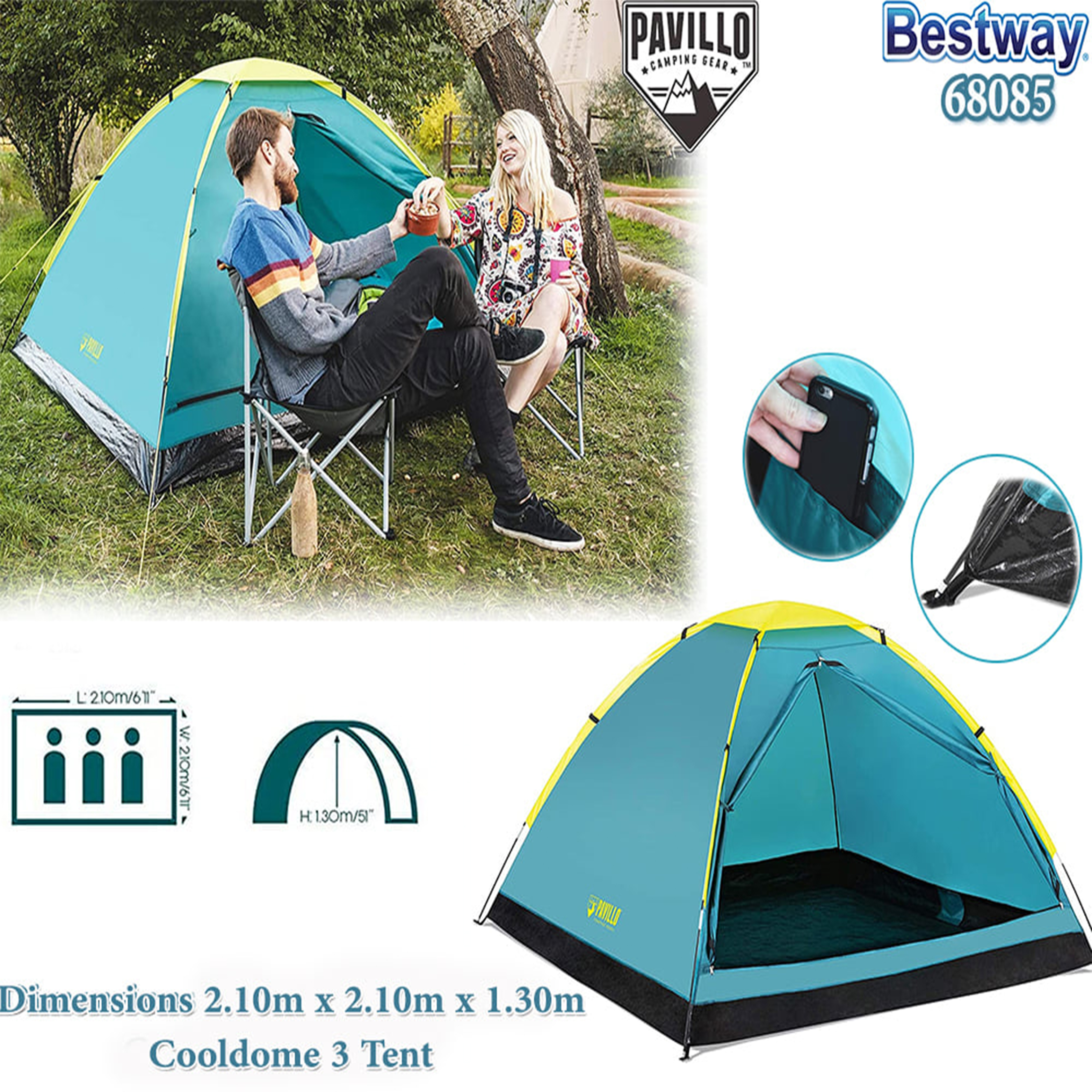  'Bestway Pavillo-Cooldome 3Person Tent 2.10M X 2.10M X 1.30M (1 Layer 190T Polyester Pa Coated) 26-68085 