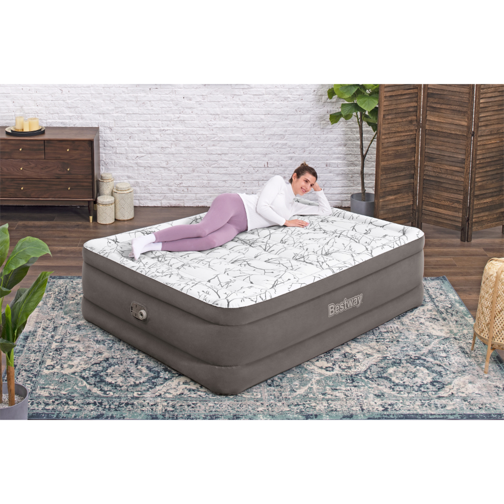  Bestway 2.03m x 1.52m x 56cm Tritech Fashion Flock Air Mattress Queen Built-in AC Pump 