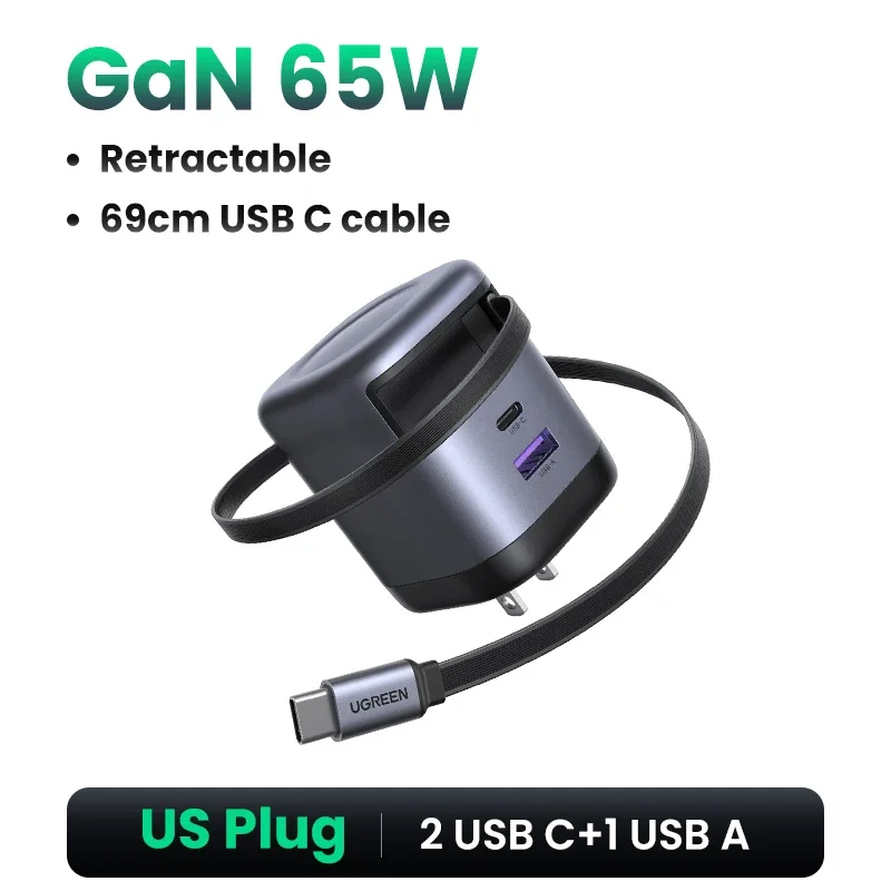 UGREEN 100W GaN Charger With Retractable USB C Cable UFCS PPS PD Fast Charger For Laptop Macbook Pro iPad Tablet iPhone Samsung
