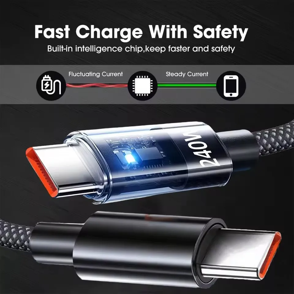 كابل شحن USB-C نايلون 240 وات LED
