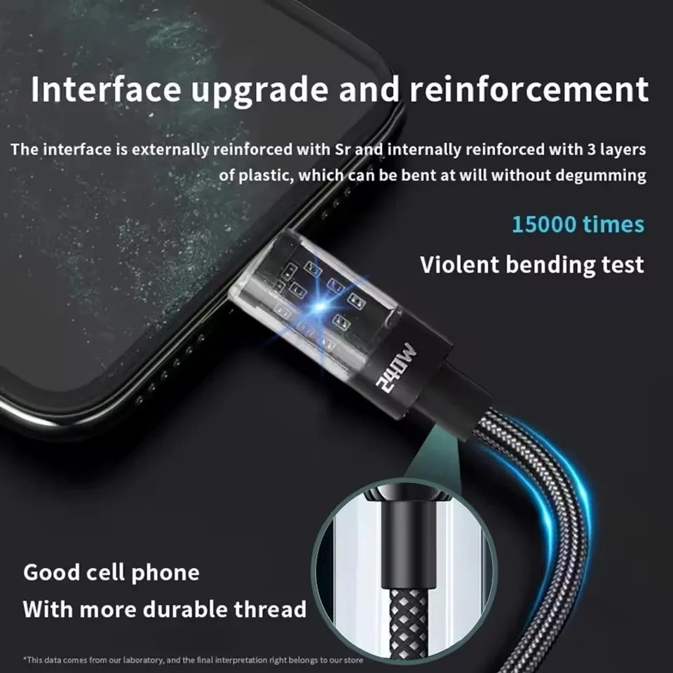كابل شحن USB-C نايلون 240 وات LED