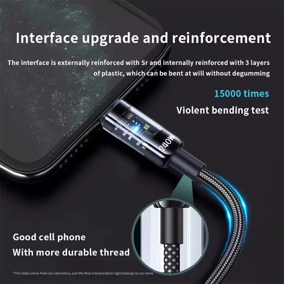 كابل USB-C 240W نايلون شحن سريع LED