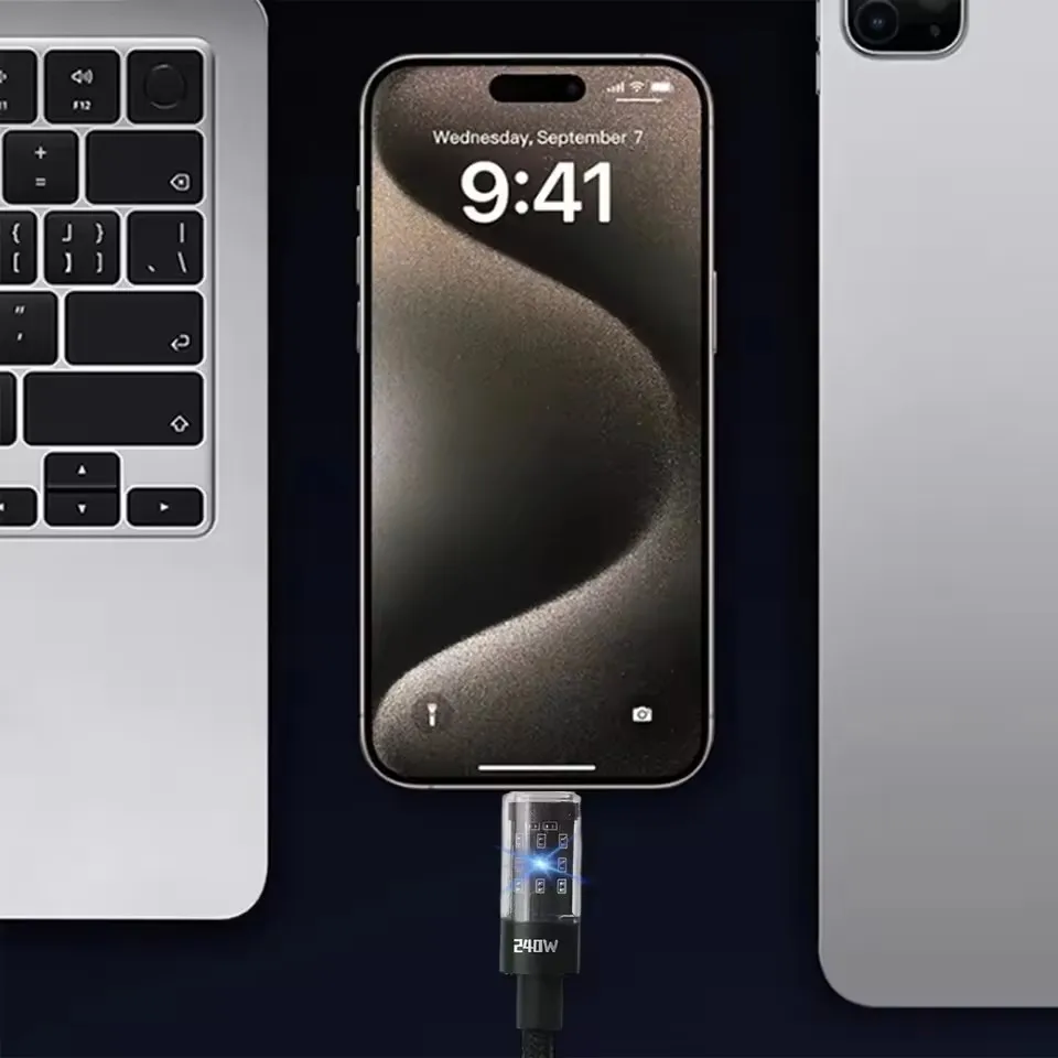 كابل شحن USB-C نايلون 240 وات LED