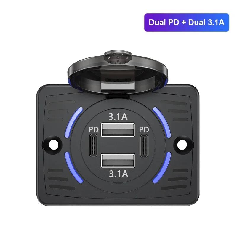 شاحن سيارة مدمج فاخر شحن سريع مزدوج QC3.0 PD مع غطاء منزلق
