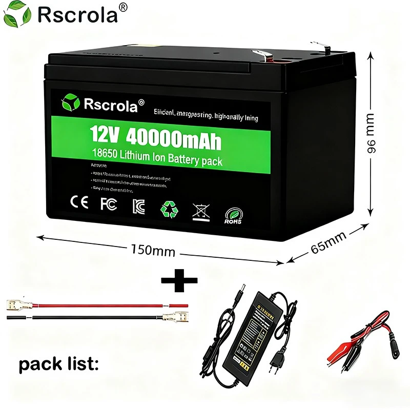 12V Rechargeable Lithium Battery Pack 40Ah, 18650 Battery pack DC Power for Sprayer, Portable Speaker, Outdoor Camping,Toy Cars