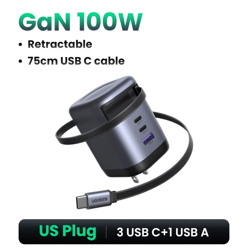 UGREEN 100W GaN Charger With Retractable USB C Cable UFCS PPS PD Fast Charger For Laptop Macbook Pro iPad Tablet iPhone Samsung