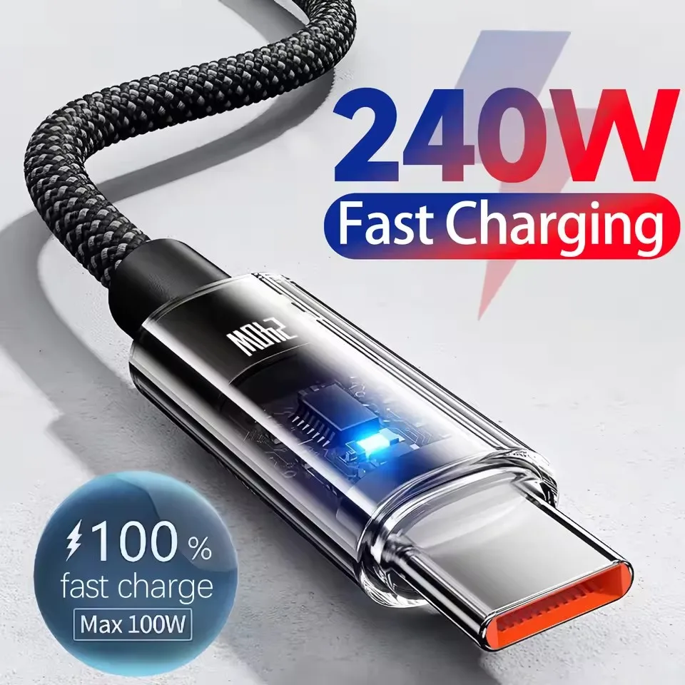 كابل شحن USB-C نايلون 240 وات LED
