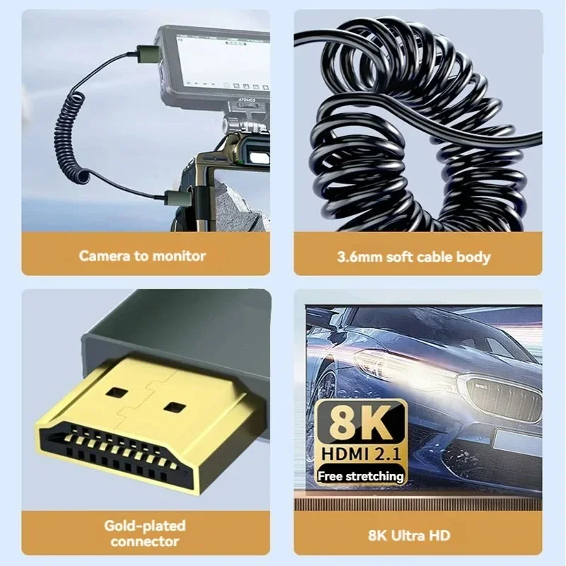 كابل HDMI بدقة 8K UHD عالي السرعة سلك ملفوف ميني ومايكرو للكاميرا والشاشات