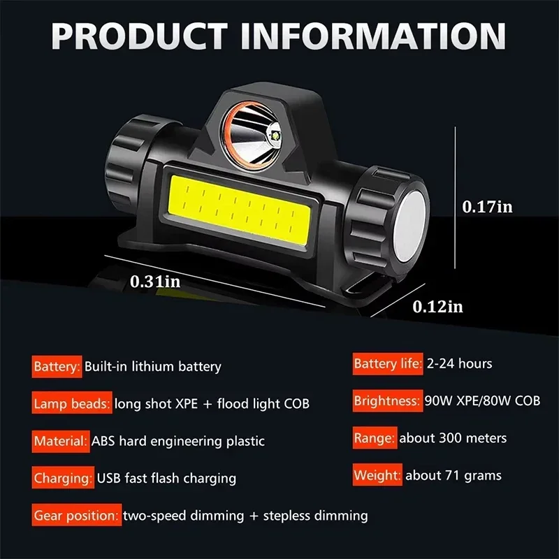 Ultra-Bright Headlamp LED Head Flashlight Rechargeable  Adjustable Light with Magnetic Head Torch Outdoor Camping Fishing