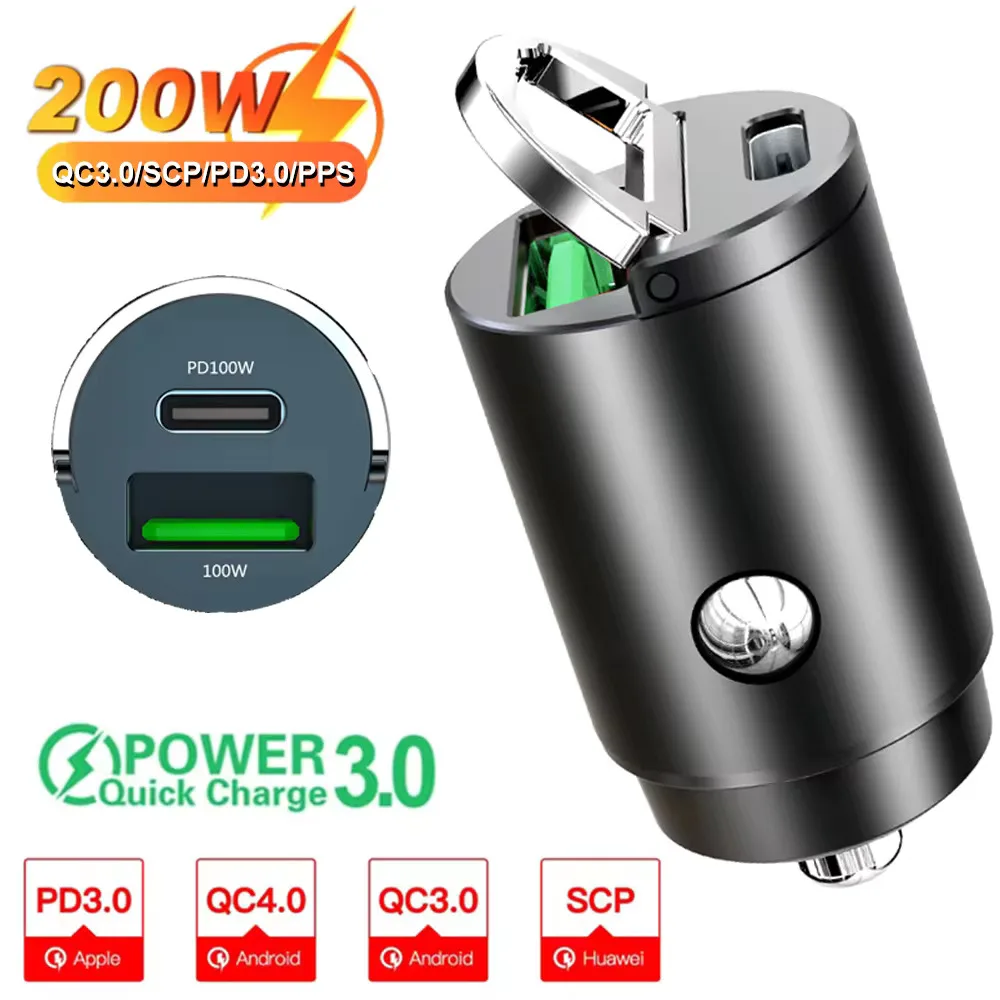 شاحن سيارة صغير شحن سريع 100 واط بمنفذ USB و Type-C PD