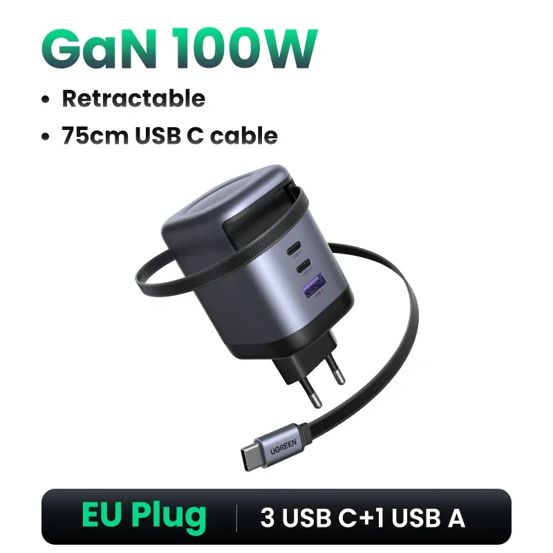 UGREEN 100W GaN Charger With Retractable USB C Cable UFCS PPS PD Fast Charger For Laptop Macbook Pro iPad Tablet iPhone Samsung