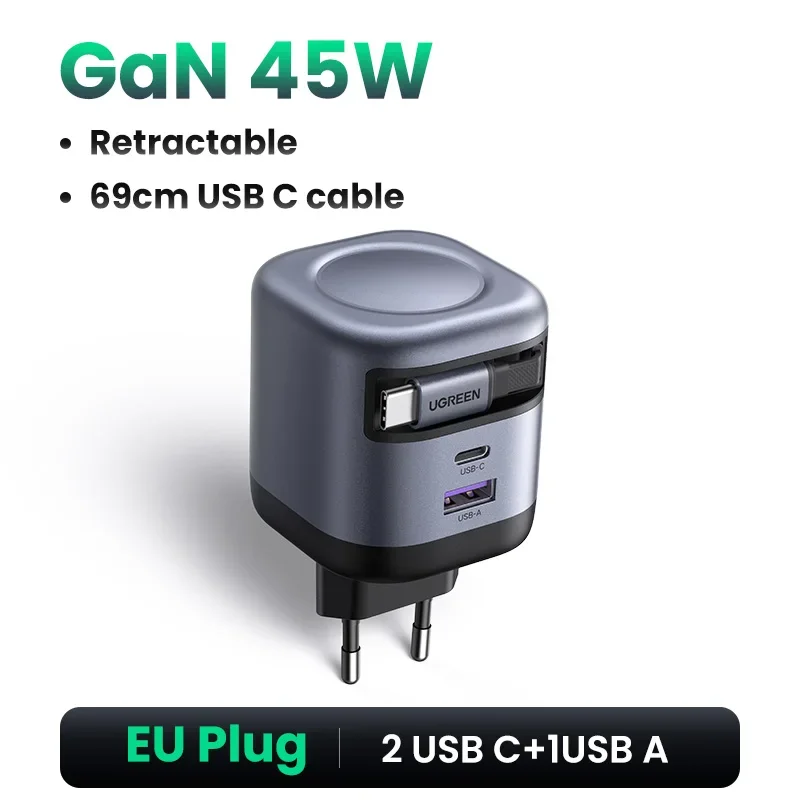 UGREEN 100W GaN Charger With Retractable USB C Cable UFCS PPS PD Fast Charger For Laptop Macbook Pro iPad Tablet iPhone Samsung