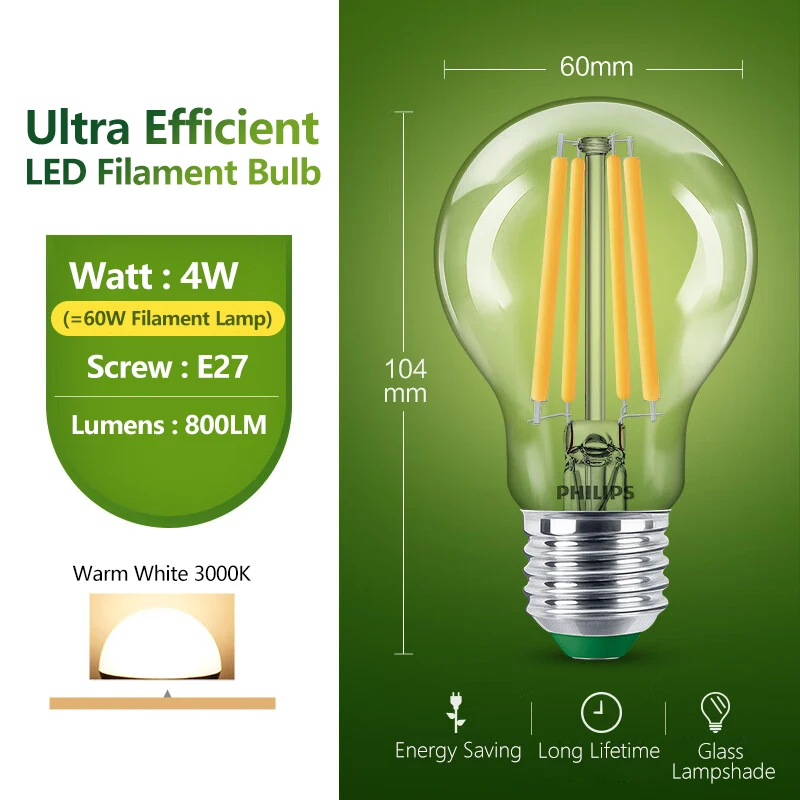لمبة A60 E27 4 واط LED زجاج كلاسيك أبيض موفرة للطاقة