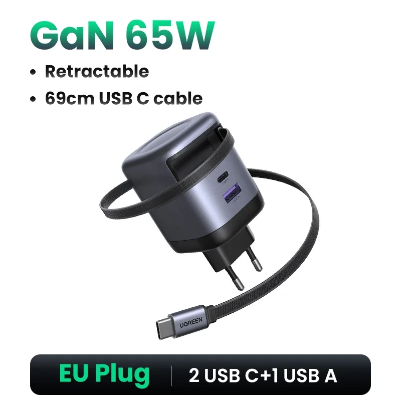 UGREEN 100W GaN Charger With Retractable USB C Cable UFCS PPS PD Fast Charger For Laptop Macbook Pro iPad Tablet iPhone Samsung