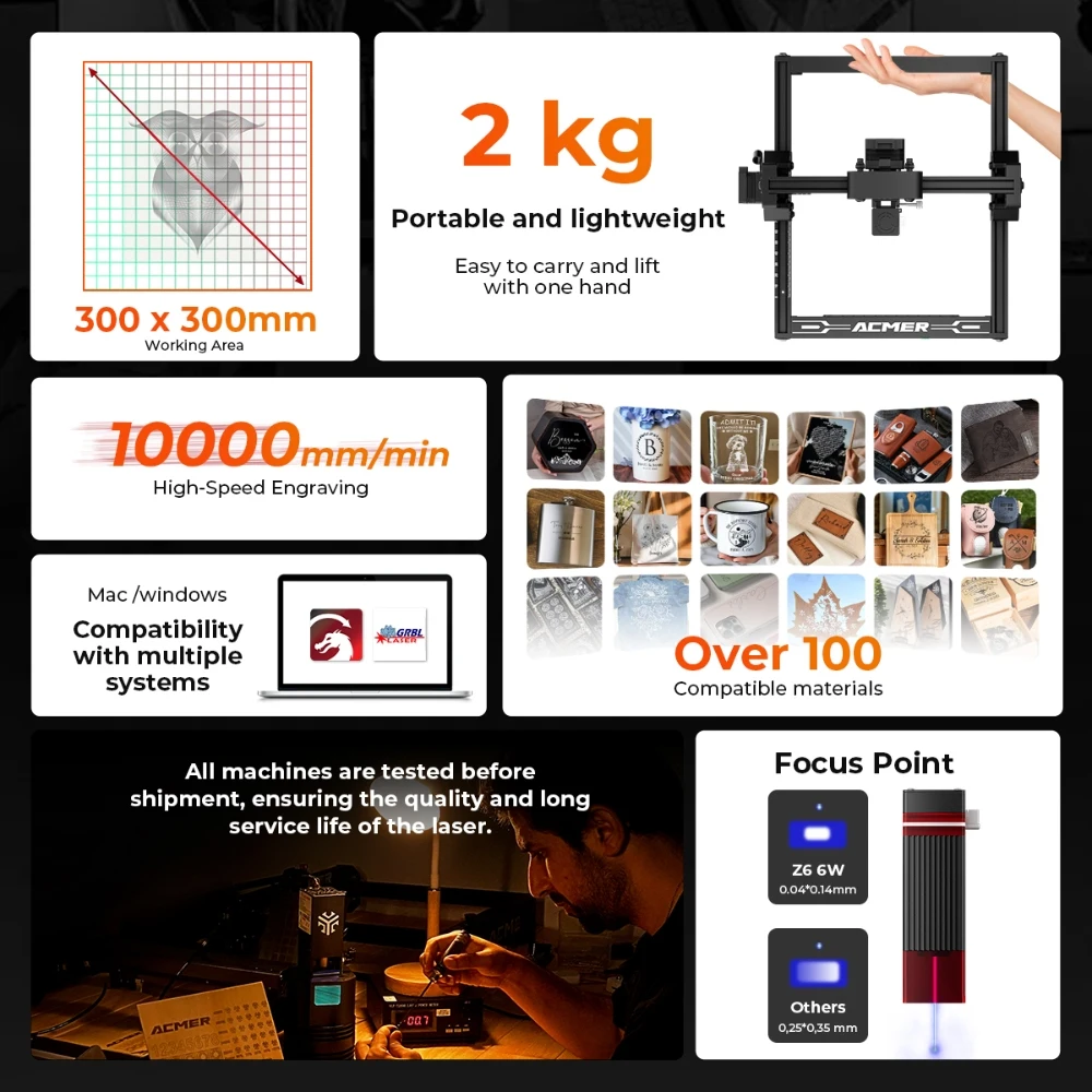 ELIDOR Z6 6W Laser Engraver and Cutting Machine CNC Diode Working Area 300X300mm Wood Marking Engravable Plywood Acrylic Glass