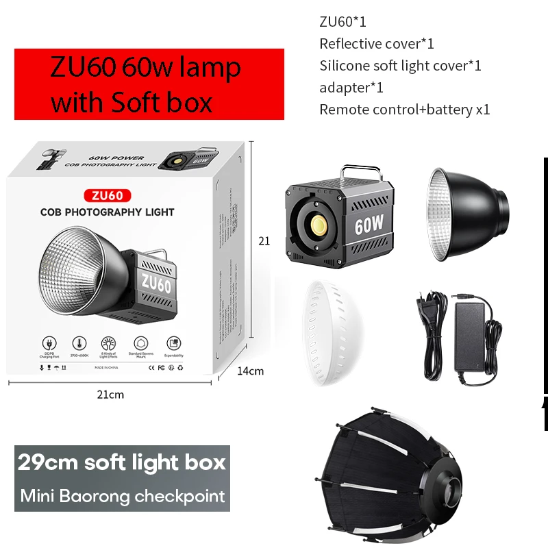 ZU80/ZU60 Photo Studio Light COB Bi-Color 2500-8500K CRI≥95 TLCI≥97 With Diffuser LED Video Lights Fill Lighting