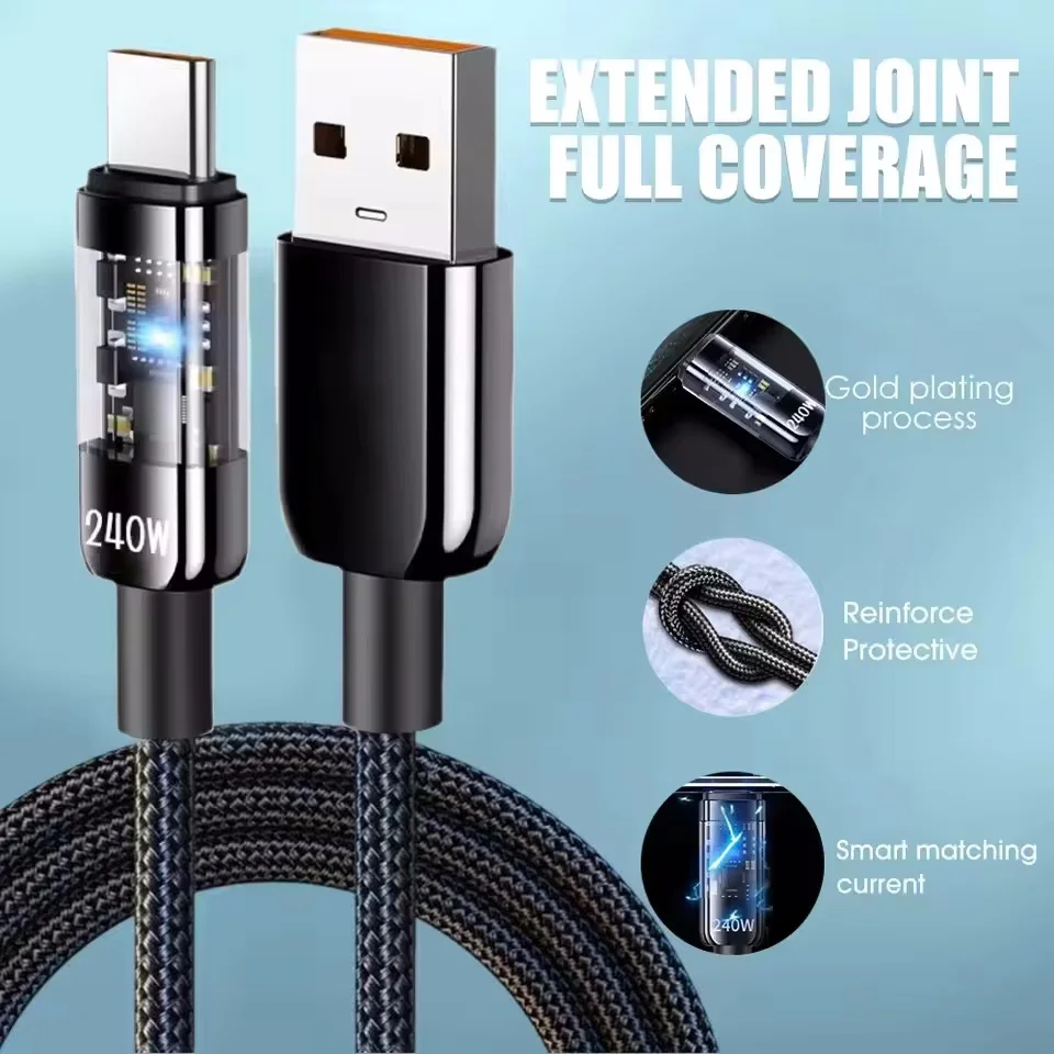 كابل USB-C 240W نايلون شحن سريع LED