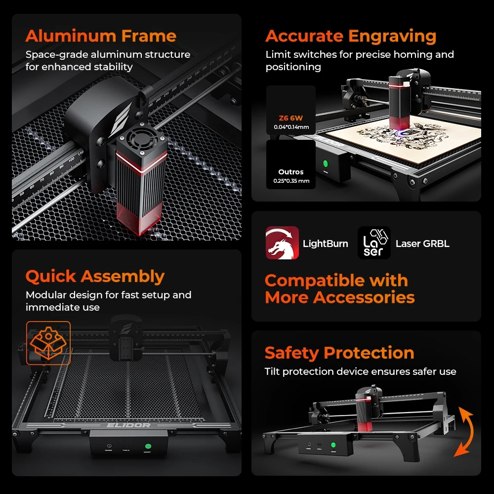 ELIDOR Z6 6W Laser Engraver and Cutting Machine CNC Diode Working Area 300X300mm Wood Marking Engravable Plywood Acrylic Glass