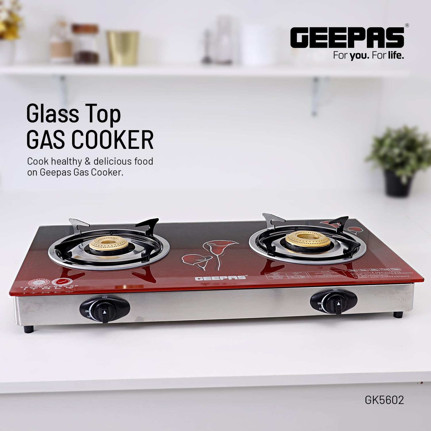 Geepas Gas Hob, 2 Burners, Glass Top - GK5602N
