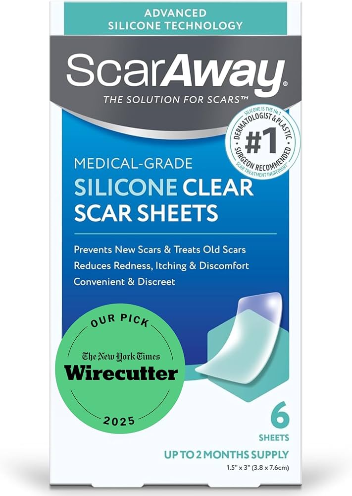  شرائح سيليكون شفافة من (scar away )متقدمة للندبات 1.5 × 3 بوصة – طبية الجودة لعلاج ندبات العمليات والحروق والجدرة (6شرائح 