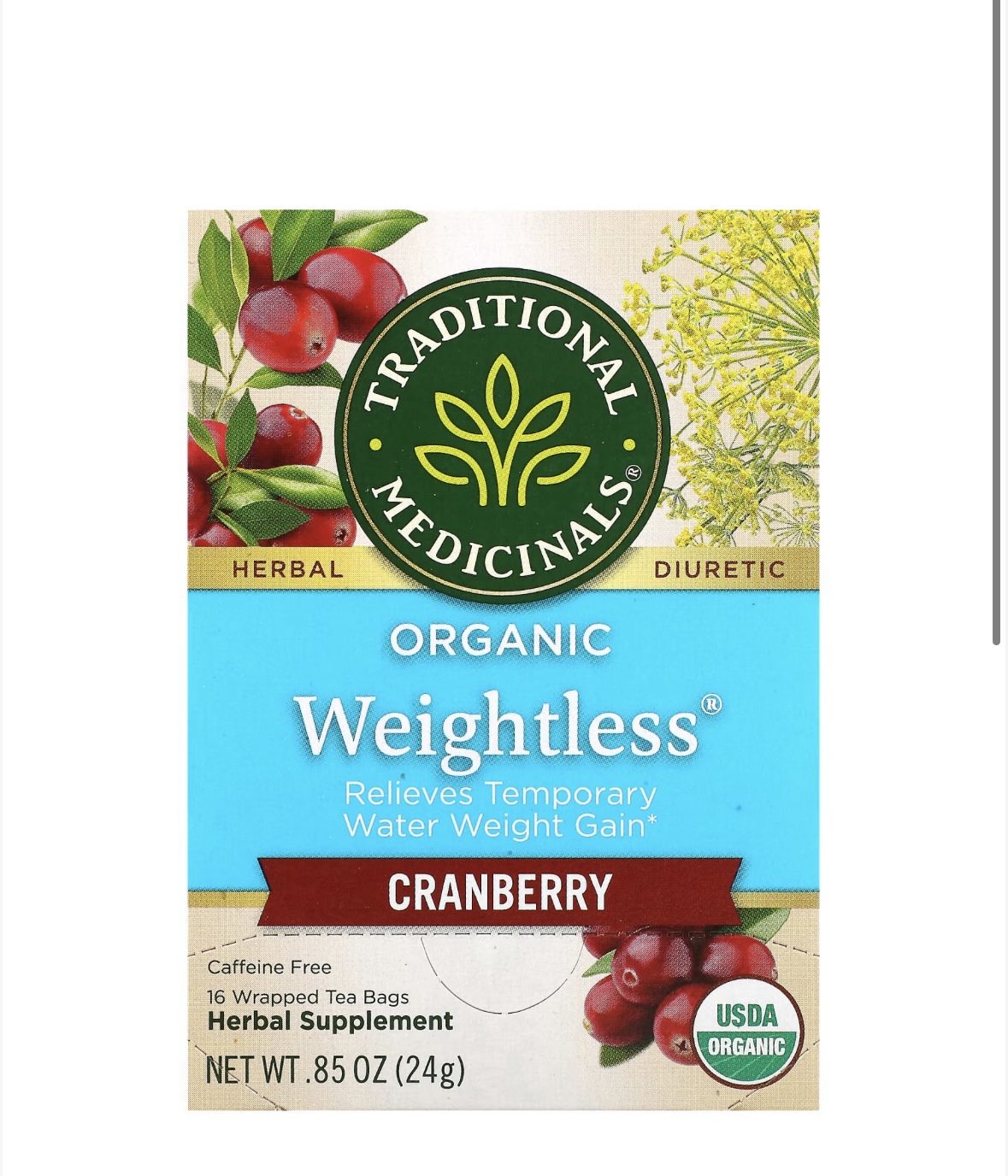  تراديشيونال ميديسينالز Organic Weightless، التوت البري، خالٍ من الكافيين، 16 كيس شاي مغلّف، 85 أونصة (24 جم) 