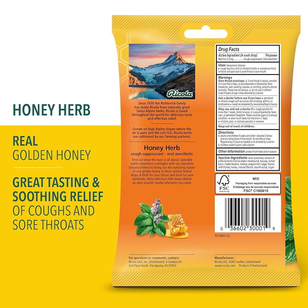  Ricola Honey Herb – ريكولا حلوى بالعسل السويسري و10 أعشاب لراحة الحلق (24 حبة) 