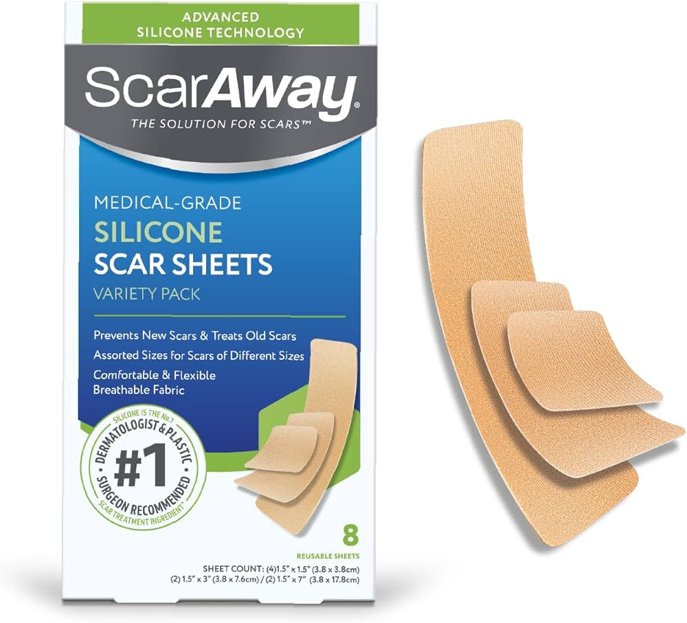  شرائح سيليكون من (Scar away )طبية متقدمة لعلاج وتقليل الندبات – قابلة لإعادة الاستخدام (8 شرائح متنوعة) 