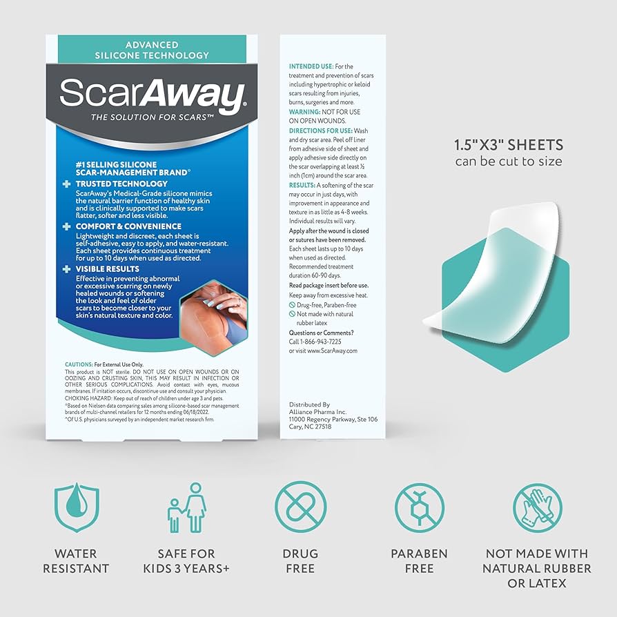  شرائح سيليكون شفافة من (scar away )متقدمة للندبات 1.5 × 3 بوصة – طبية الجودة لعلاج ندبات العمليات والحروق والجدرة (6شرائح 