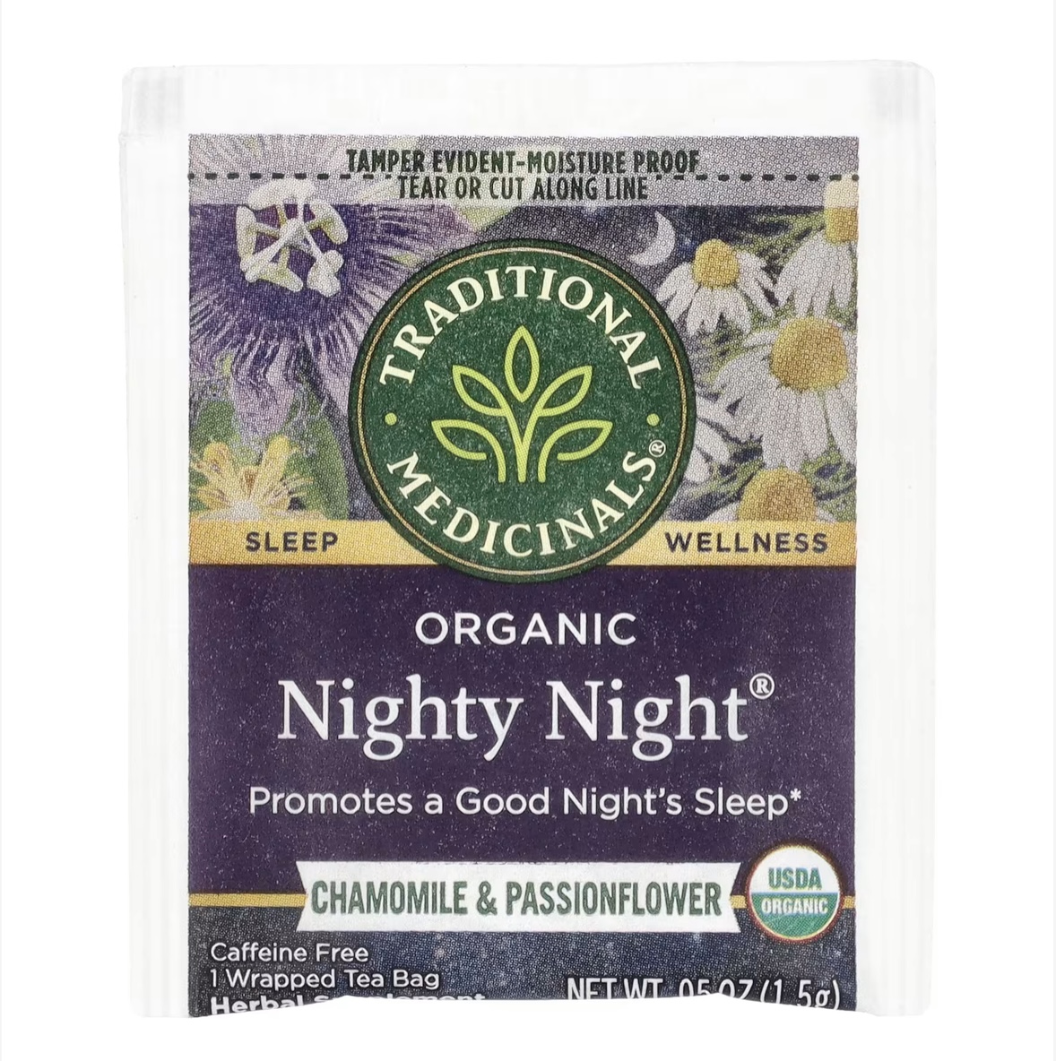  شاي منوم تراديشيونال ميديسينالز Nighty Night العضوي، بنكهة البابونج وزهرة الآلام، خالٍ من الكافيين، 16 كيس شاي مغلّف، 0.85 أونصة (24 جم) 