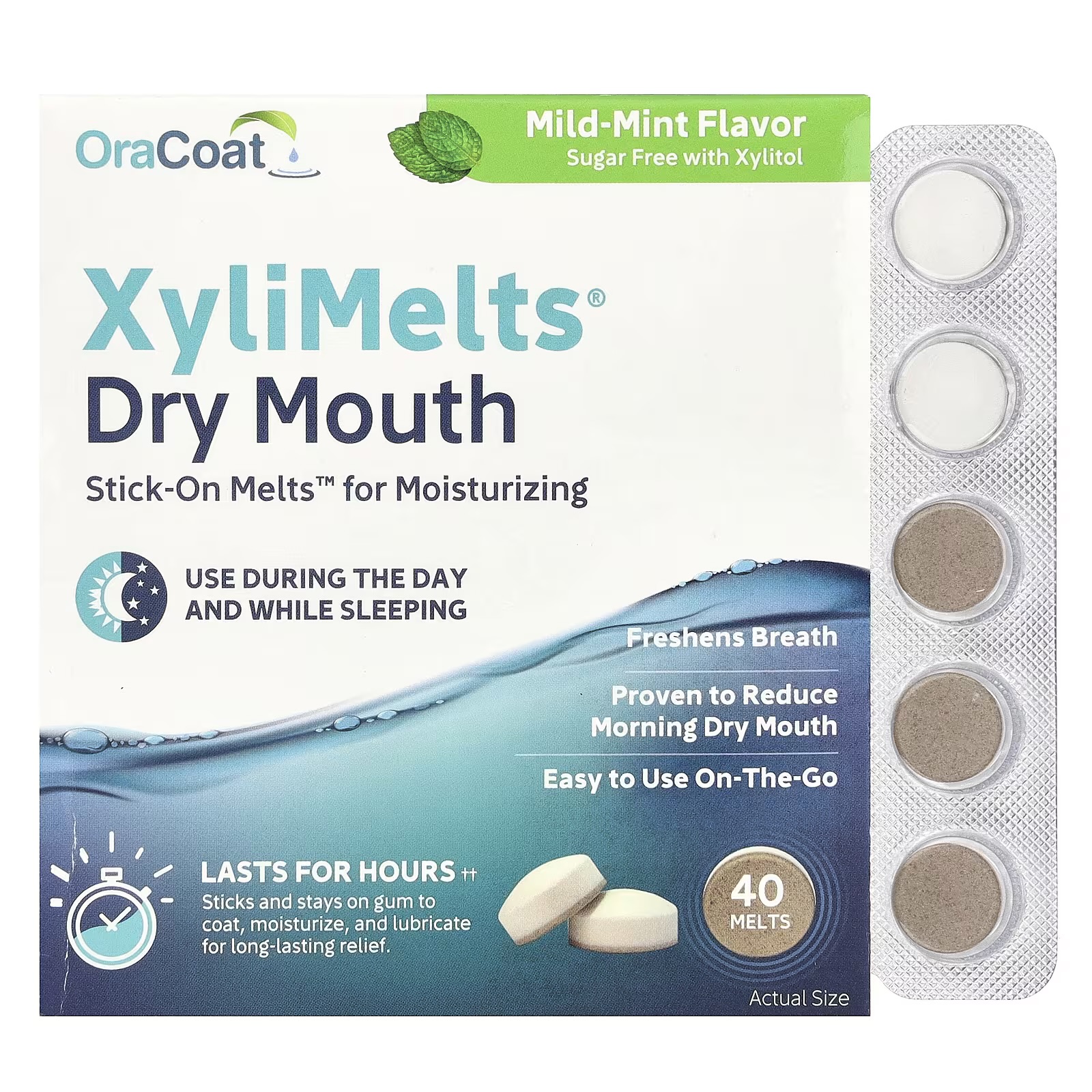  أوراكوت – لصقات لاصقة على اللثة  من XyliMelts لترطيب الفم ومنع الجفاف، نعناع خفيف، 40 قرص 