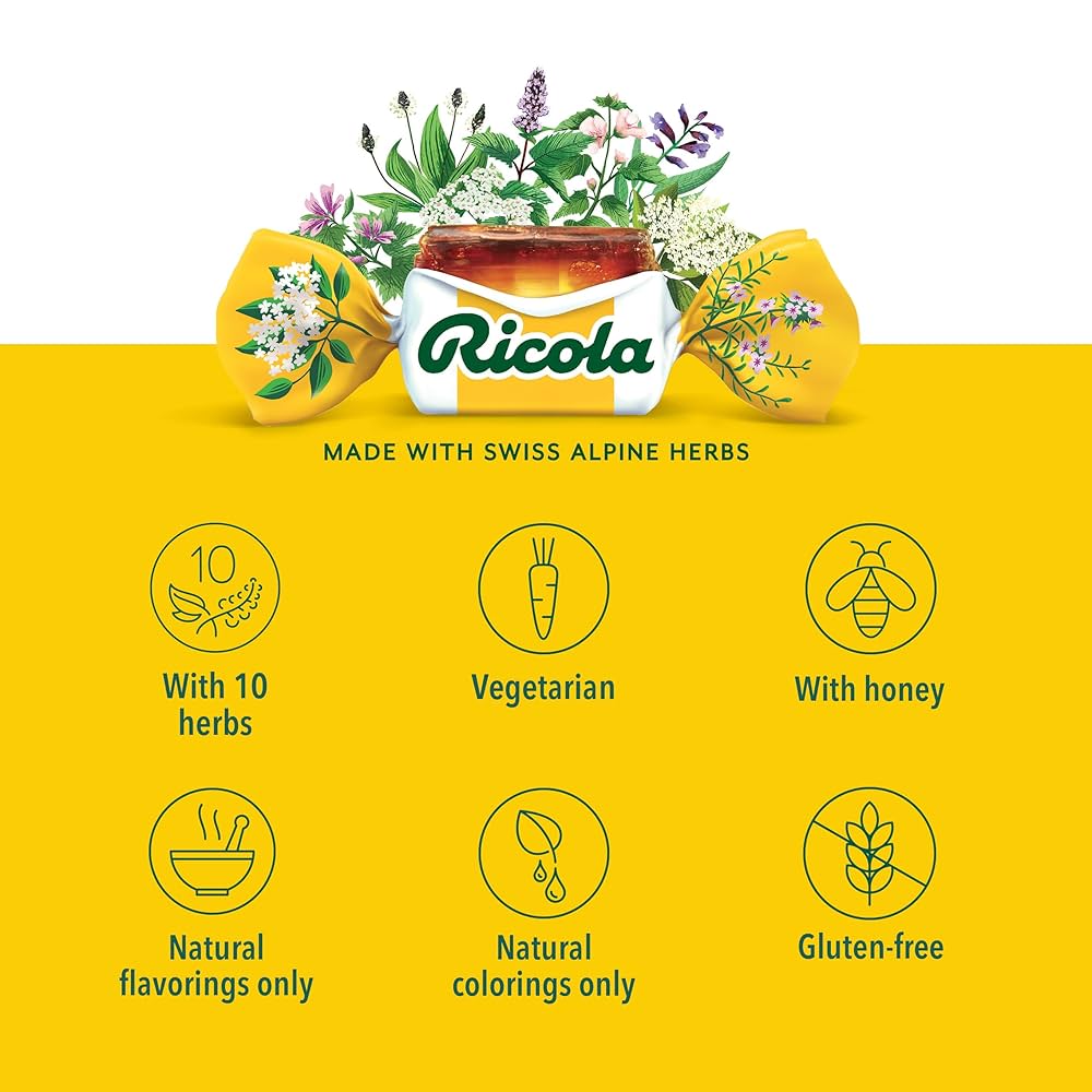  Ricola Honey Herb – ريكولا حلوى بالعسل السويسري و10 أعشاب لراحة الحلق (24 حبة) 