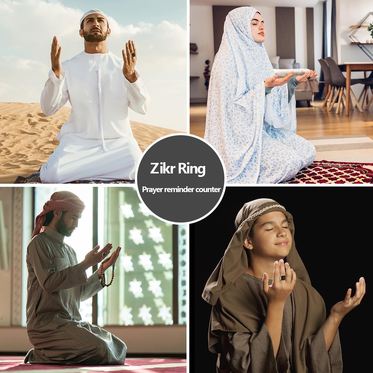 خاتم الذكر والتسبيح الذكي، بلون أسود، مقاس 18 ملم (أسود)