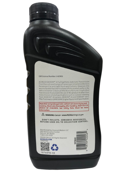 AC DELCO DEXRON VI AUTOMATIC TRANSMISSION FLUID FULL SYNTHETIC 946 ml