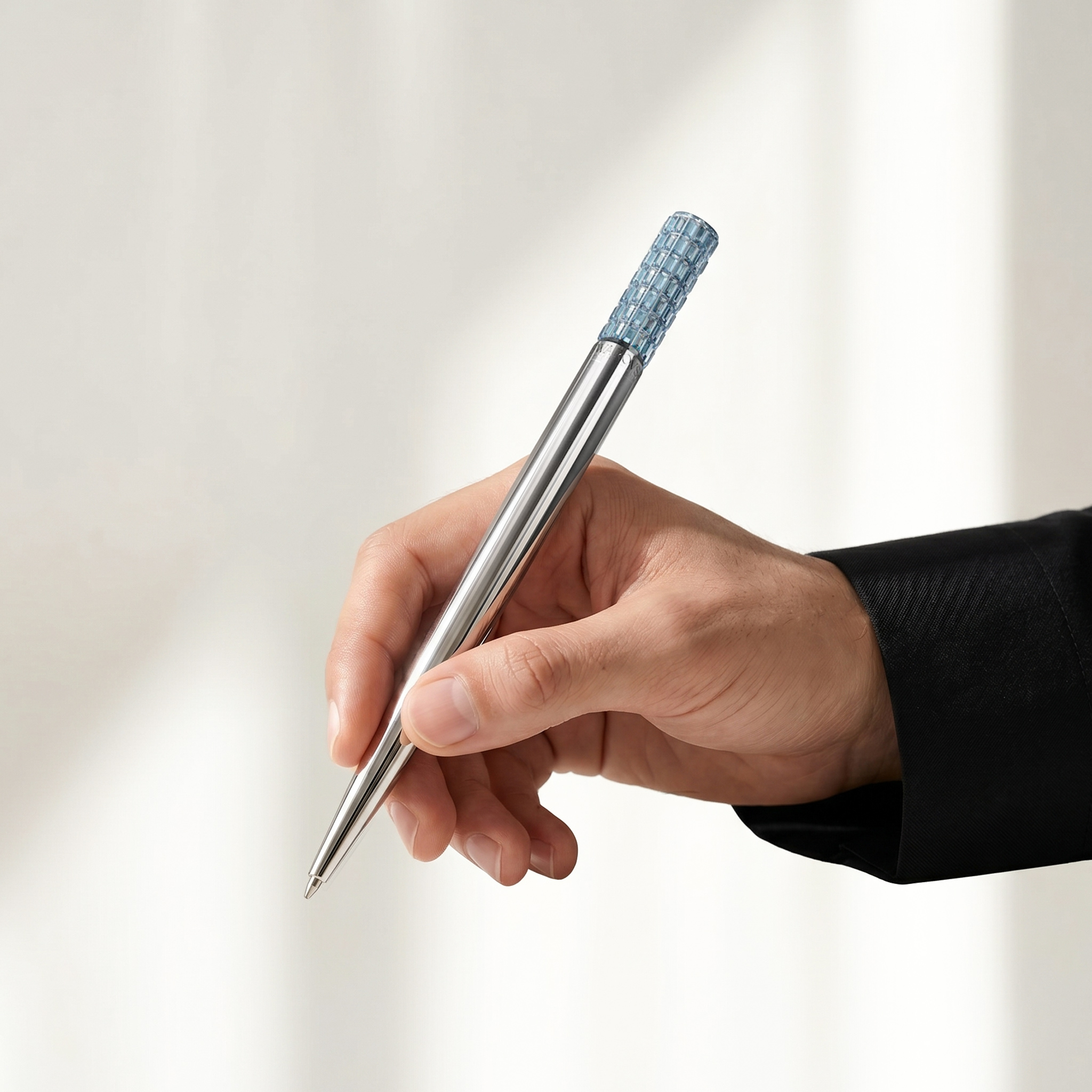 Swarovski silver pen with a crystal-encrusted sky blue cap