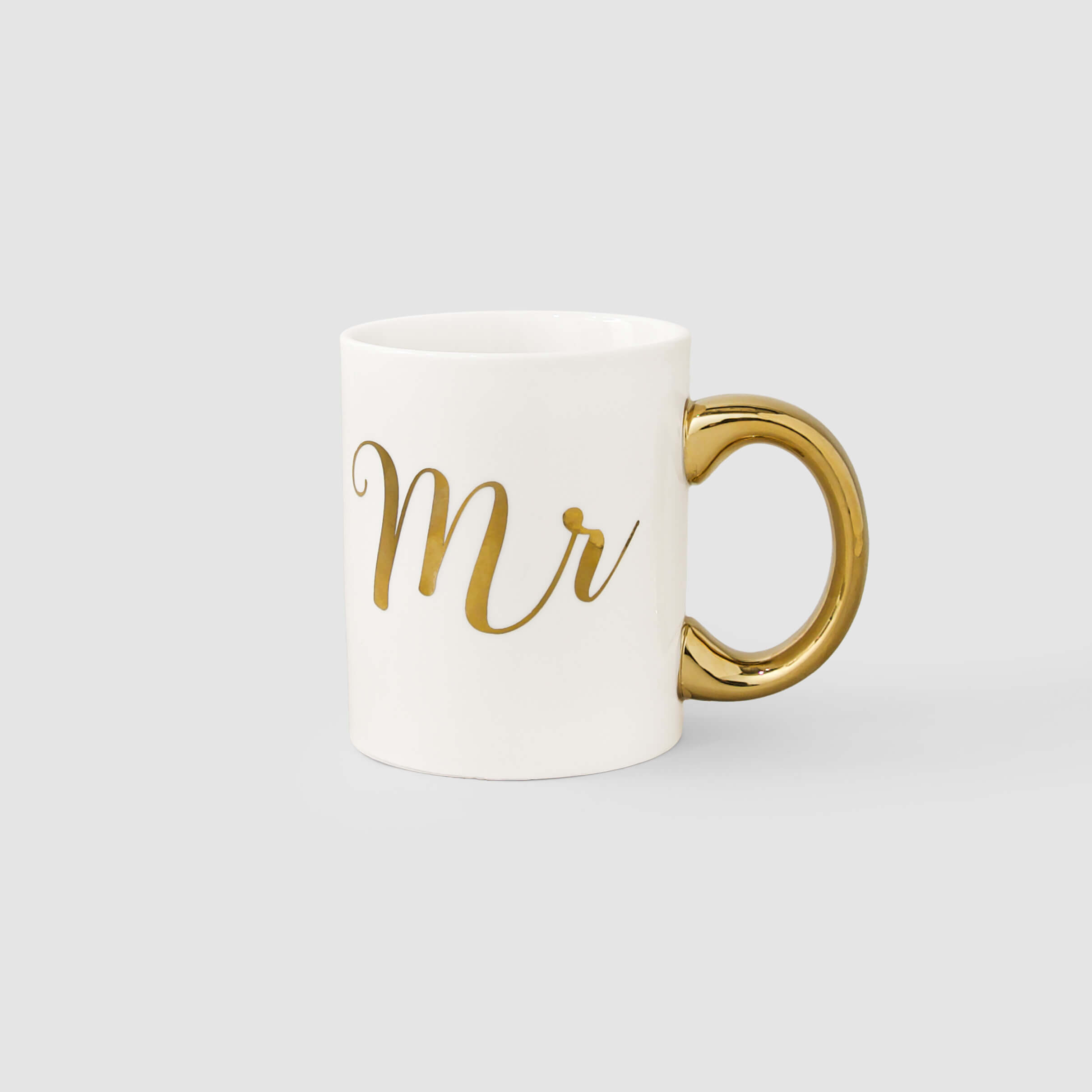 Mr mug, white with gold script and a gold handle