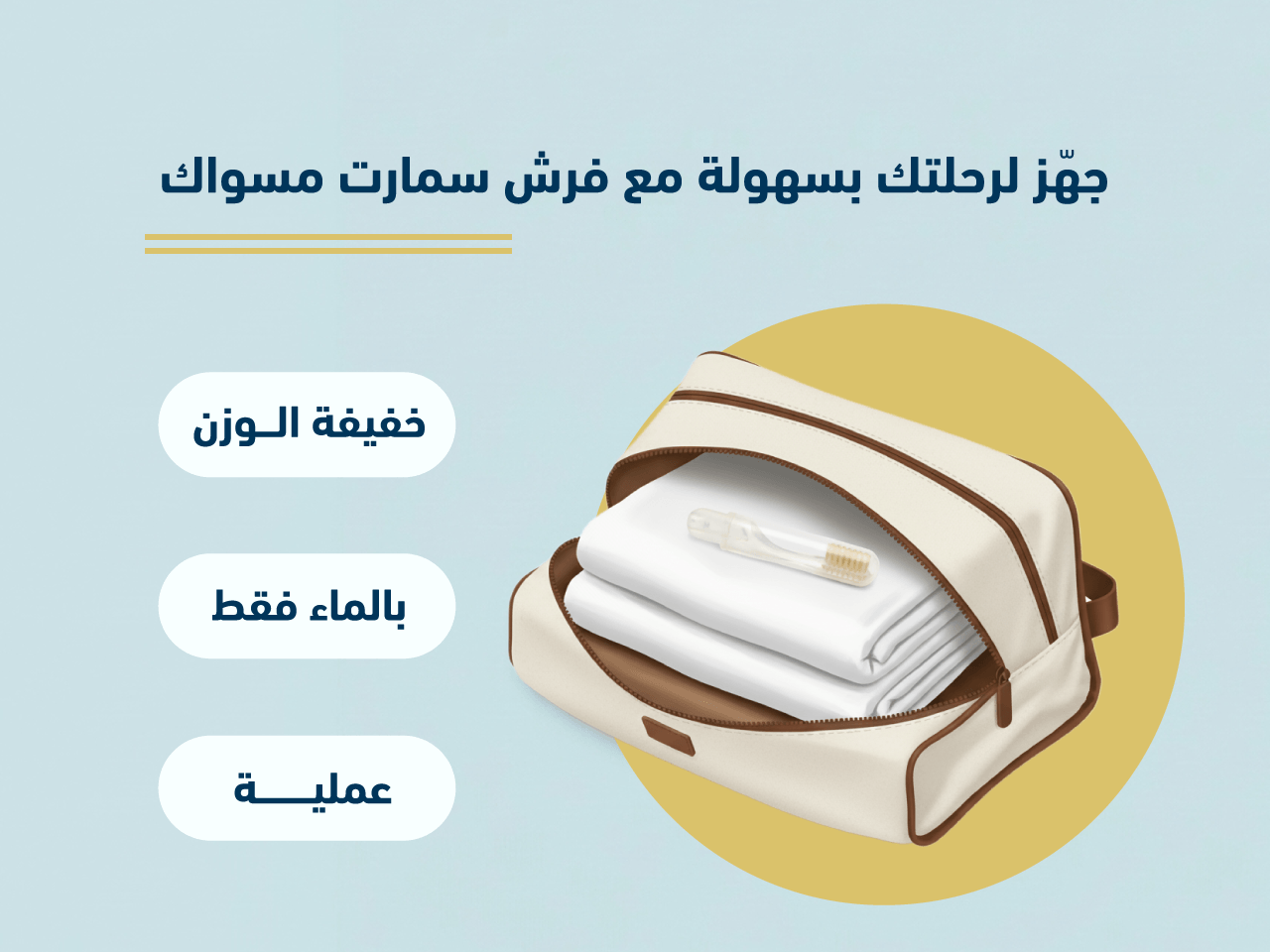 غرافيك فخم محاط بإطار ذهبي يستعرض كفاءة فرشاة مسواك الذكية المتنقلة في تنظيف الأسنان بالماء فقط وبدون معجون أثناء السفر والعمل