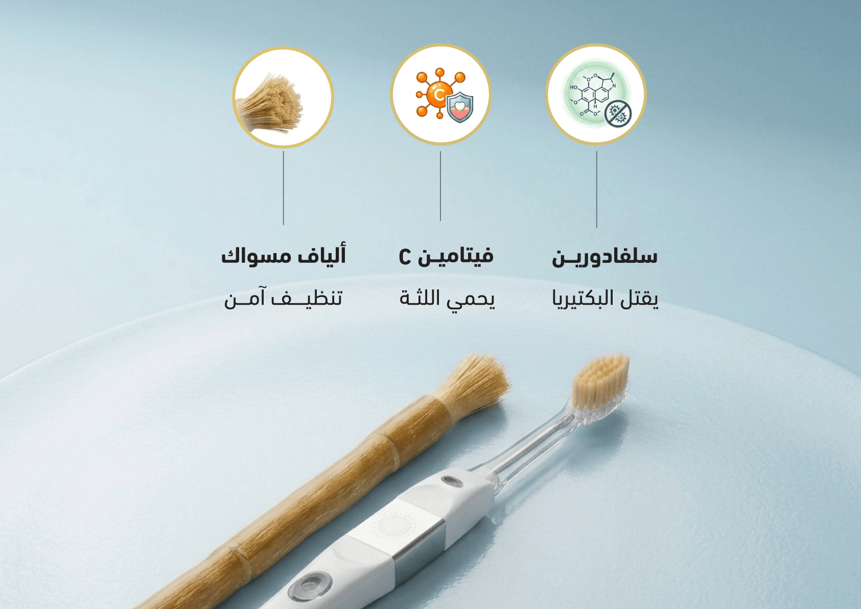 لوحة غرافيكية فخمة محاطة بإطار ذهبي تستعرض آلية تفكيك روابط البلاك وتضعيف الالتصاق للترسبات عبر الأيونات للاسنان لسمارت مسواك