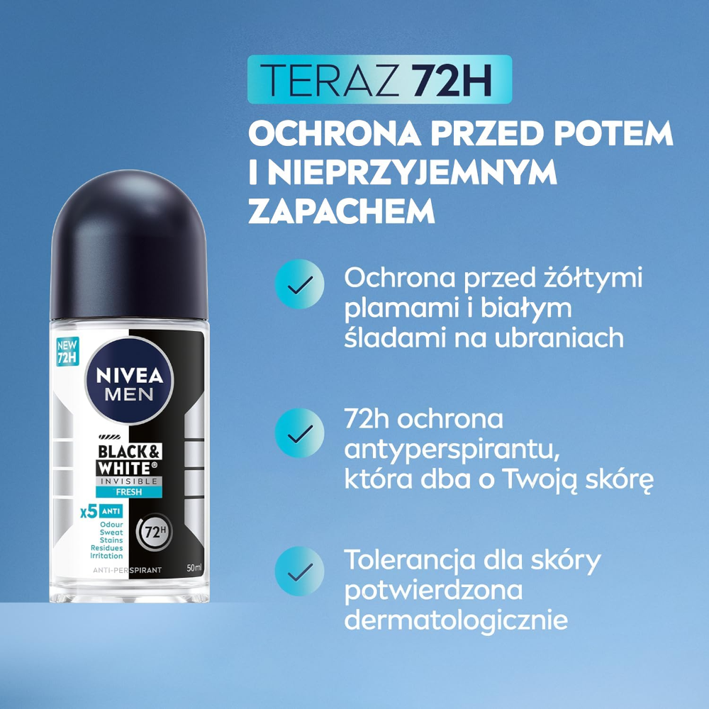Nivea for men deodorant roll on black and white - 50 ml