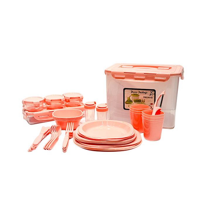 A set of plastic plates, cups and spoons for outdoor picnics - random color