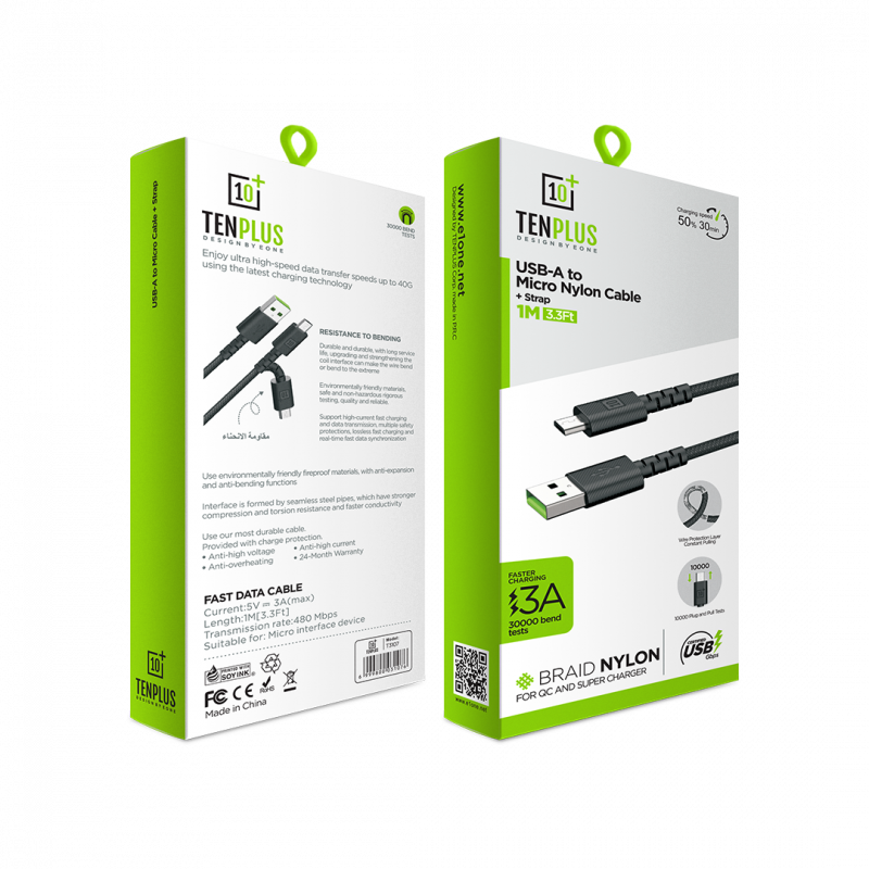 تن بلس كيبل شحن مايكرو USB  قماش مقاوم للقطع