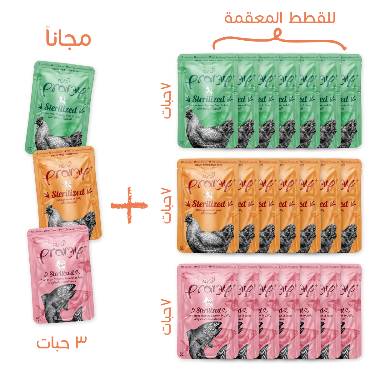 بكج برامي المميز للقطط المعقمة ــ 21 ظرف مع 3 هدايا