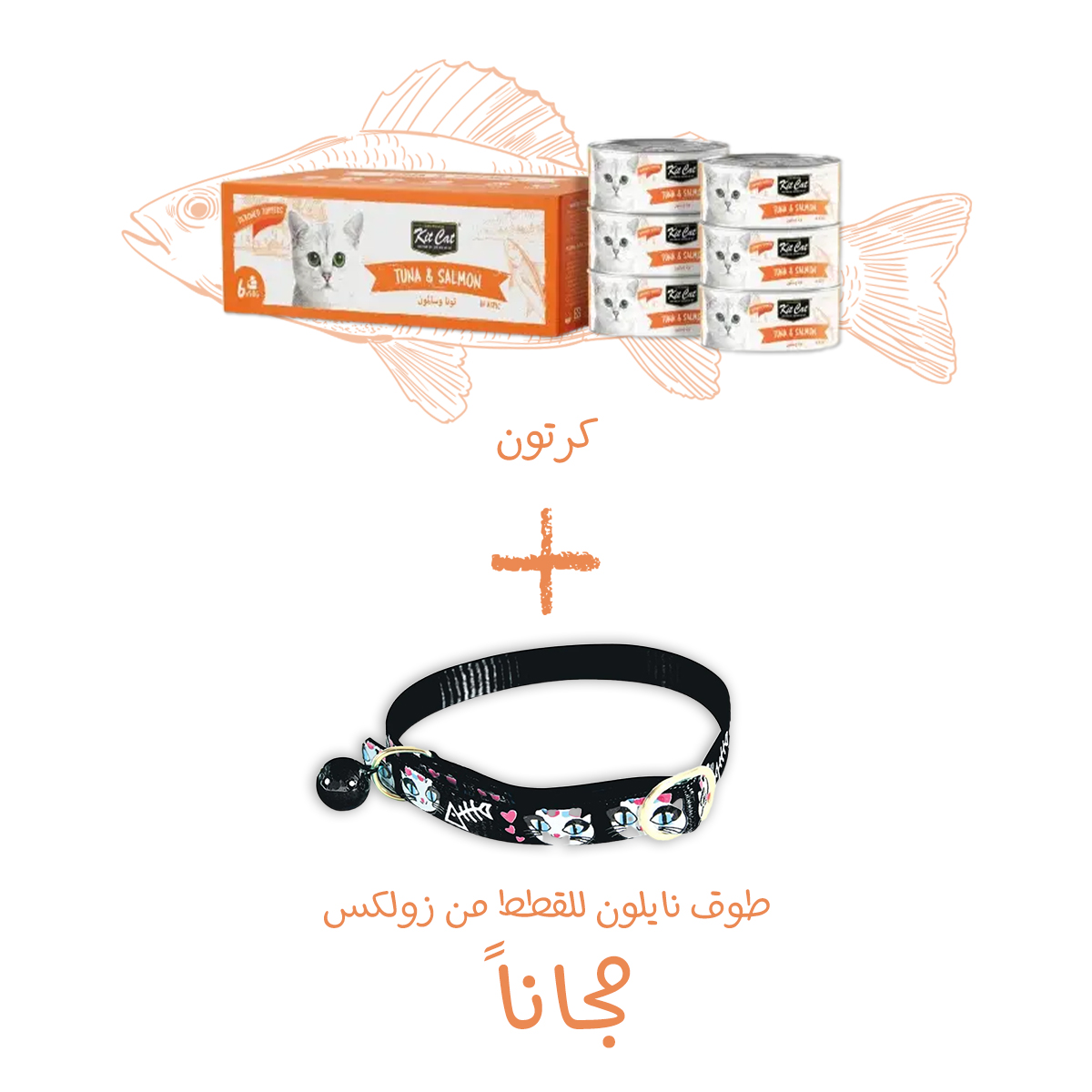 كرتون تونة وسالمون للقطط ــ كت كات مع هدية طوق نايلون للقطط رسمة قطة 3