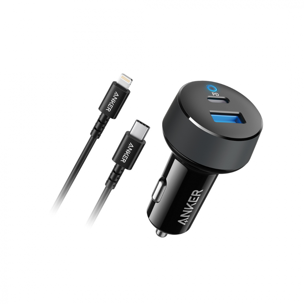 شاحن سيارة انكر باوردرايف كلاسيك 30 واط بمنفذ USB ومنفذ تايب سي مع سلك شاحن 0.9 سم من USB-C الى لايتنينق - اسود
