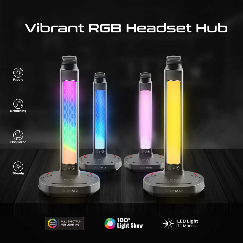  بروميت حامل سماعة رأس بإضاءة RGB وشاحن لاسلكي 15 واط وموزع USB 