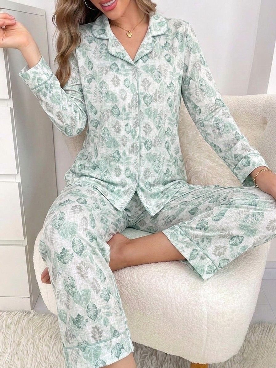  BIT 1 Women's 2-Piece Pajama Set with Soft Autumn Leaf Print - Shirt & Pants 