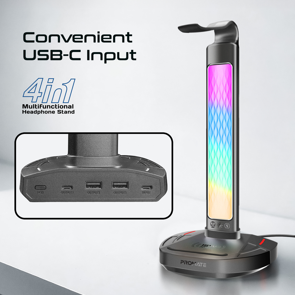  بروميت حامل سماعة رأس بإضاءة RGB وشاحن لاسلكي 15 واط وموزع USB 