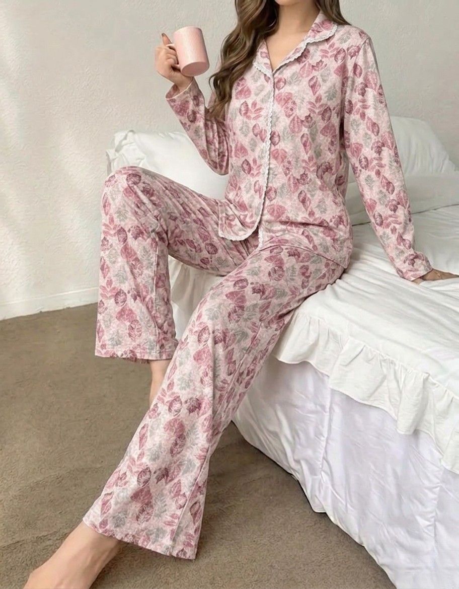 BIT 1 Women's 2-Piece Pajama Set with Soft Autumn Leaf Print - Shirt & Pants 